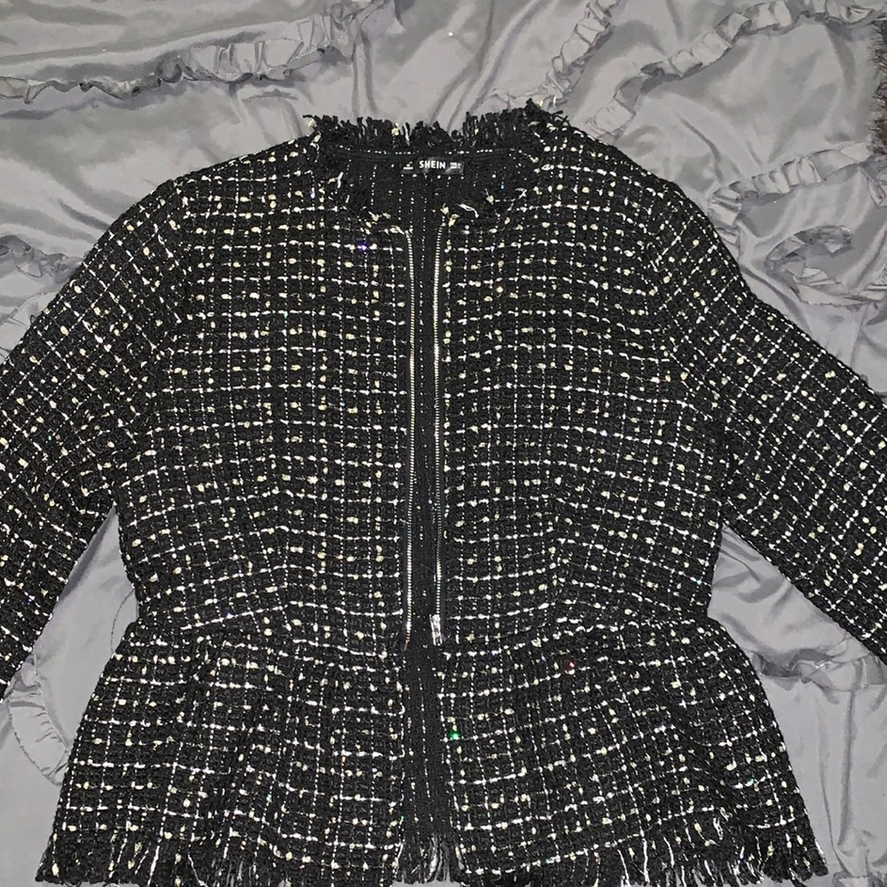 SHEIN Black/Silver Fringe Tweed jacket size Large